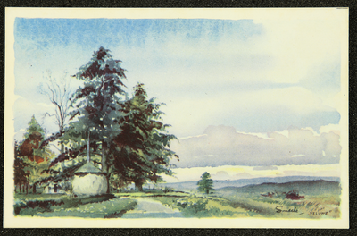 231 Ansichtkaart Veluwereeks, ontwerp van Piet Smeele, aquarel graslandschap met bomen, 1942-01-01