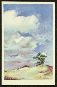 232 Ansichtkaart Veluwereeks, ontwerp van Piet Smeele, aquarel zandverstuiving met wolken, 1942-01-01