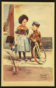 233 Ansichtkaart Veluwereeks, ontwerp van Piet Smeele, aquarel spelende kinderen met hoepel, 1942-01-01
