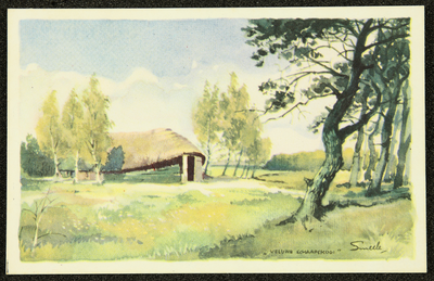 234 Ansichtkaart Veluwereeks, ontwerp van Piet Smeele, aquarel schaapskooi, 1942-01-01