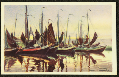 237 Ansichtkaart Harderwijkreeks, ontwerp van Piet Smeele, aquarel Haven, 1942-01-01