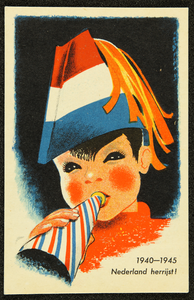 242 Ansichtkaart uit Bevrijdingsreeks, ontwerp van Piet Smeele: kind blaast op toeter, 1945-04-01