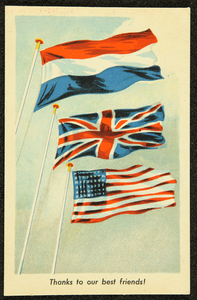243 Ansichtkaart uit Bevrijdingsreeks, ontwerp van Piet Smeele: drie vlaggen wapperen in de wind; die van Nederland, ...