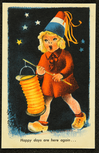 247 Ansichtkaart uit Bevrijdingsreeks, ontwerp van Piet Smeele: kind draagt oranje lampion en heeft een hoedje op in de ...