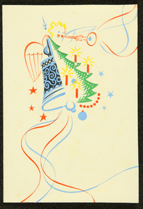 248 Origineel ontwerp: kerstklok/kerstboom met kerstengeltje, in rood blauw groen, 1940-01-01