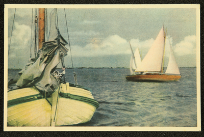 282 Ansichtkaart met kleurenfoto van zeilschepen, uit de serie Op en oan 't wetter , Rige 1. Opname Piet Smeele, 1940-01-01