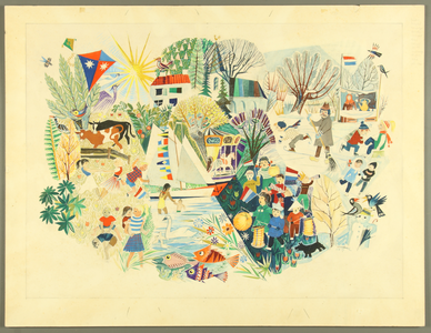 367 Origineel ontwerp in kleur op hardboard: een uitbeelding van de seizoenen met kinderen en dieren. Schaatsen in de ...