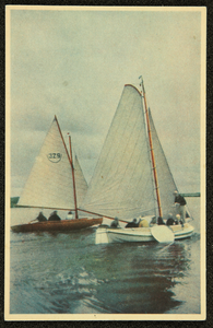 516 Ansichtkaart met kleurenfoto van zeilschepen, uit de serie Op en oan 't wetter , Rige 1. Opname Piet Smeele, 1940-01-01