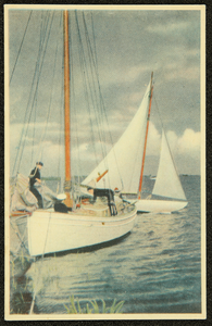 519 Ansichtkaart met kleurenfoto van zeilschepen, uit de serie Op en oan 't wetter , Rige 1. Opname Piet Smeele, 1940-01-01