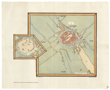 417 Plattegond van de stad Groningen en directe omgeving; met detailplattegrond binnenstad.; 1565 ca.