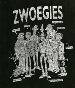 (Act)naam: Zwoegies <br/>Beschrijving:vlnr. Herman van Mal (zaalgeluid), Hans Koops (boekhouder), Tuppus (hoftekenaar), Herman Zoikenhus (backline), Willy Woodstock, Anita 'GoGo' Sikkema (boekingsburo GoGo) en Peter 'GoGo' Sikkema (Buro GoGo) <br/>Gelegenheid:tekening van Tuppus waarop personen die voor de Boegies werken <br/>Locatie: <br/>Bijzonderheden: