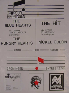 Act(naam): Popburo, De Troubadour, The Blue Hearts, The Hungry Hearts, The Hit, Nickel Odeon <br/>Gelegenheid: <br/>Organisatie: <br/>Beschrijving: <br/>Ontwerper: <br/>Fotograaf: <br/>Uitgever: <br/>Datum evenement: <br/>Type: <br/>Techniek: <br/>Verwerving: <br/>Bijzonderheden: <br/>Locatie: <br/>Media:
