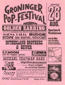 Poster van het Groninger Pop-Festival (28 augustus 1976) met o.a. Swizzle, Pearl Ash en Boozy.