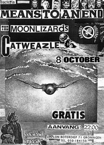 Simplon, Groningen : flyer optreden Means To An End, Moonlizards en Catweazle