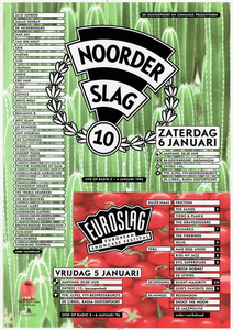 affiche Euroslag Noorderslag 1996, gecombineerd <br/>Elzo Smid plus <br/>Stichting Noorderslag <br/>5-6 januari 1996 <br/>concertaffiche <br/>De Oosterpoort <br/>het is het eerste jaar dat er zowel een affiche is voor <br/>Euroslag, Noorderslag als voor beide festivals samen