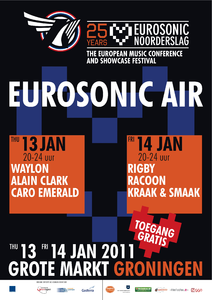 Affiche Eurosonic Air 2011 <br/>Rocket Industries <br/>Stichting Noorderslag <br/>13, 14 januari 2011 <br/>concertaffiche <br/>De Oosterpoort <br/>Eerste editie van Eurosonic Air, n.a.v. 25ste editie <br/>(Eurosonic) Noorderslag