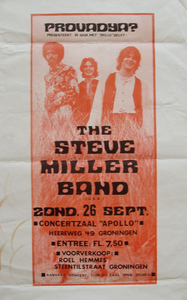 Aankondiging door Provadya Groningen van het concert door The Steve Miller Band in Concertzaal Apollo op 26 september 1971. Het concert gaat niet door, maar wordt verschoven naar een datum in november.