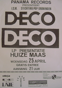 Beschrijving: affiche elpee presentatie Deco Deco <br/>Ontwerper: <br/>Fotograaf: <br/>Uitgever: <br/>Datum evenement: 25 april 1979 <br/>Type: <br/>Techniek: <br/>Verwerving: <br/>Bijzonderheden:Panama Records presenteert i.s.m. Stichting Pop Groningen <br/>Gelegenheid:elpee presentatie <br/>Locatie: Huize Maas in Groningen <br/>