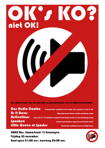 Beschrijving: affiche benefiet-avond voor behoud en verbouwing van de oefenruimtes in het ORKZ, Groningen <br/>Gemaakt door: <br/>Gelegenheid:Benefiet-avond 'OK's KO? Niet OK!' <br/>Bijzonderheden: