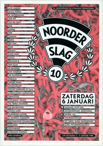 affiche Noorderslag 1996 <br/>Elzo Smid <br/>De Oosterpoort <br/>6 januari 1996 <br/>concertaffiche <br/>De Oosterpoort <br/>het betreft de 10de editie van Noorderslag, en <br/>de 9de onder deze naam; <br/>Max 404 staat wel op het affiche, maar niet in <br/>het uiteindelijke programma.