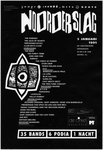 Noorderslag 1991 <br/>Benne Holwerda <br/>De Oosterpoort / Stichting Pop Groningen <br/>5 januari 1991 <br/>concertaffiche <br/>De Oosterpoort <br/>de band Astral Bodies ontbreekt op een latere <br/>versie van dit affiche. Verder staan er nog 6 i.p.v. <br/>5 podia vermeld.