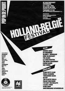 Pop in de Poort, Holland-België Festival <br/>Benne Holwerda <br/>De Oosterpoort <br/>4 januari 1986 <br/>concertaffiche <br/>print <br/>De Oosterpoort / Benne Holwerda <br/>Het Holland-België Festival markeert het begin van <br/>wat het daaropvolgende jaar Noorderslag heet
