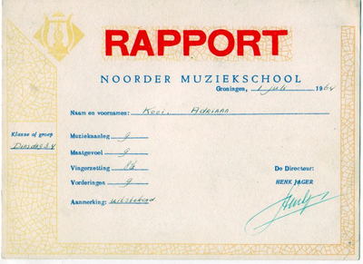 Rapport Ad Kooi van de Noorder Muziekschool in 1964