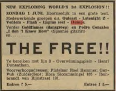The Humps : advertentie in Nieuwsblad van het Noorden, aankondiging optreden op New Exploding World op het Overwinningsplein in Groningen