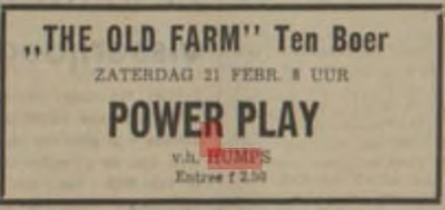 Power Play : advertentie optreden Nieuwsblad v/h Noorden in The Old Farm Ten Boer