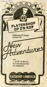 Platenshop Larmoyeur : advertentie signeren door New Adventures van hun nieuwe elpee