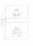 135136 Opstand van de voorgevel (boven) en doorsnede (onder) van een gebouw van twee verdiepingen met een dakopbouw.