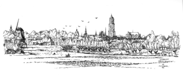 36251 Profiel van de stad Utrecht uit het zuidoosten gezien met de Kromme Rijn op de voorgrond. Van links naar rechts ...