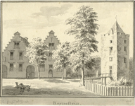 201823 Gezicht op de voorgevels van de bouwhuizen op de voormalige voorburcht en de omgrachte woontoren van het kasteel ...