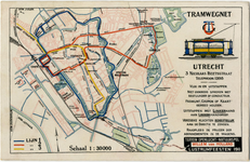 129375 Kaart van de stad Utrecht met het tramwegnet en de route naar het terrein van het openluchtspel dat werd ...